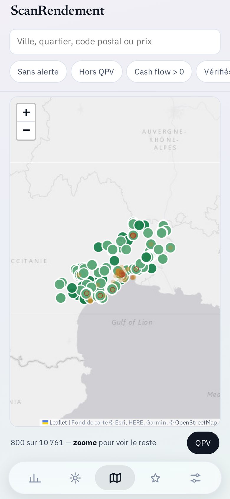 Carte des annonces colorées par cash flow